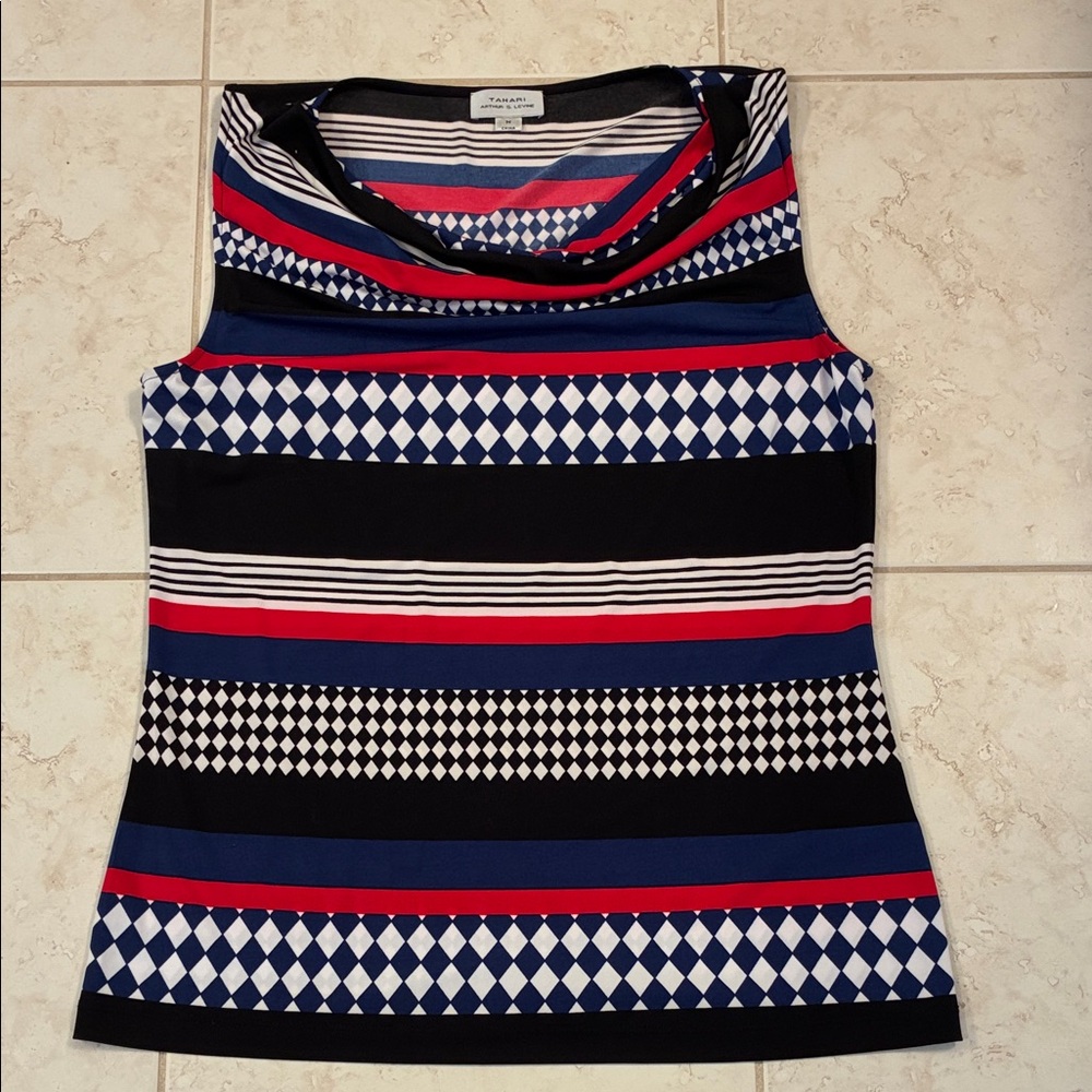 Tahari Navy, Black, Red & White Striped Sleeveless Cowl Neck Tank